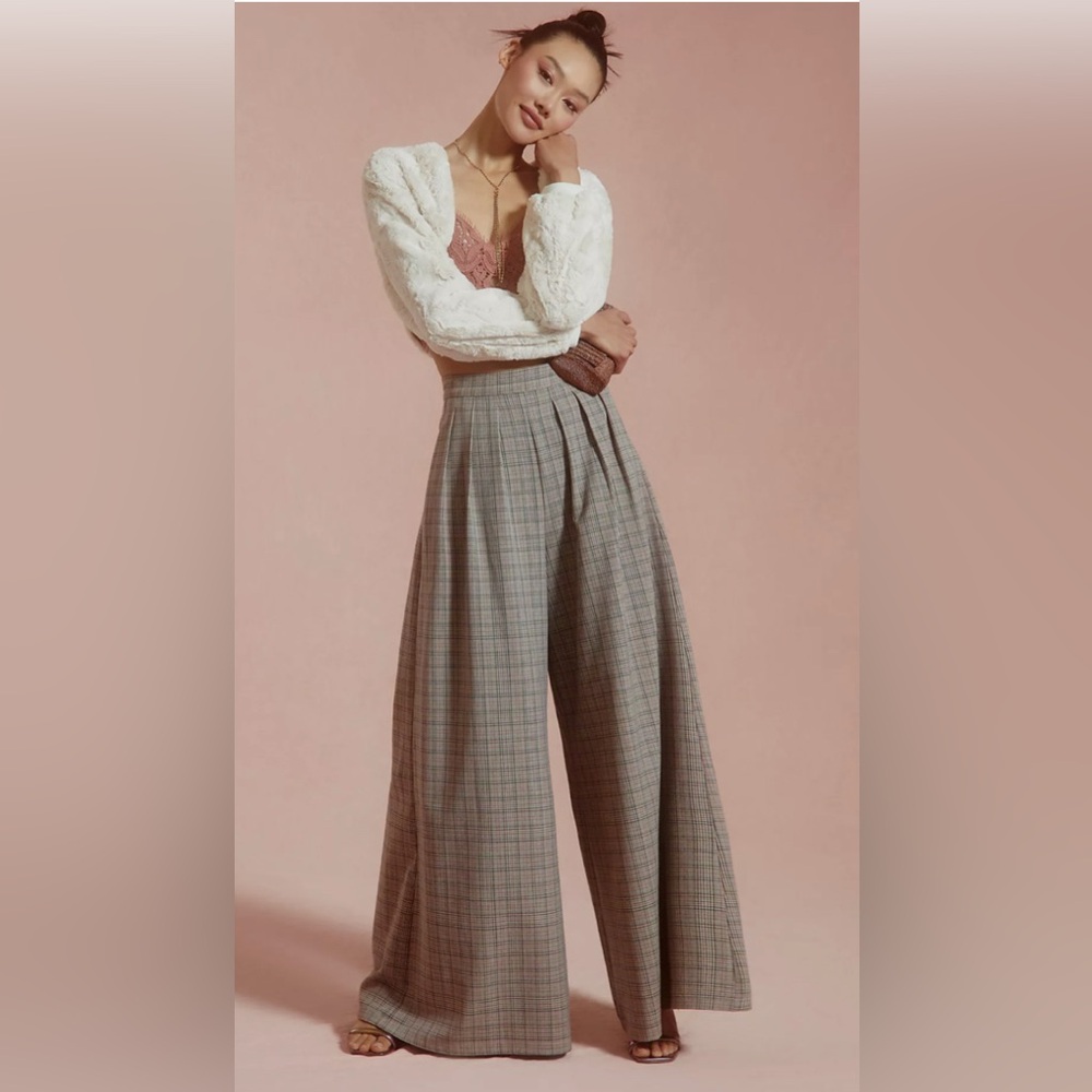 Corey Lynn Calter pleated plaid flowy wide leg high waisted palazzo pants